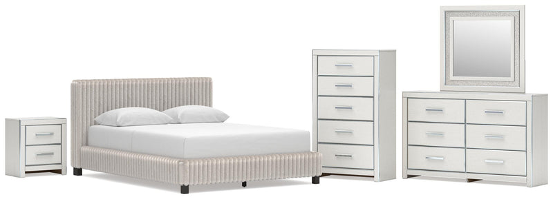 Zuraleus Queen Upholstered Bed, Dresser, Mirror, Chest and Nightstand in White - PKG022844
