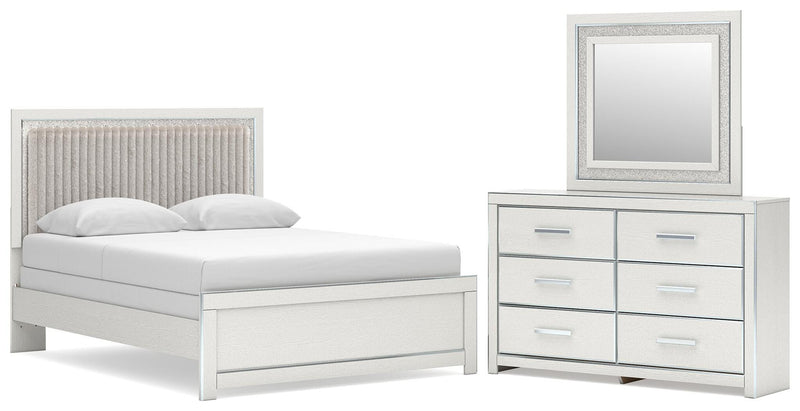 Zuraleus Queen Upholstered Panel Bed, Dresser and Mirror in White - PKG022807