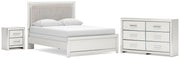 Zuraleus Queen Upholstered Panel Bed, Dresser and Nightstand in White - PKG022814