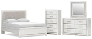 Zuraleus Queen Upholstered Panel Bed, Dresser, Mirror and Chest in White - PKG022811