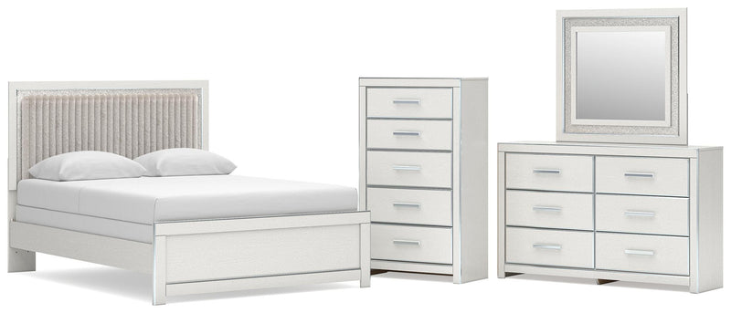 Zuraleus Queen Upholstered Panel Bed, Dresser, Mirror and Chest in White - PKG022811