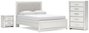 Zuraleus Queen Upholstered Panel Bed, Dresser, Mirror and Nightstand in White - PKG022809