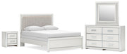 Zuraleus Queen Upholstered Panel Bed, Dresser, Mirror and Nightstand in White - PKG022810