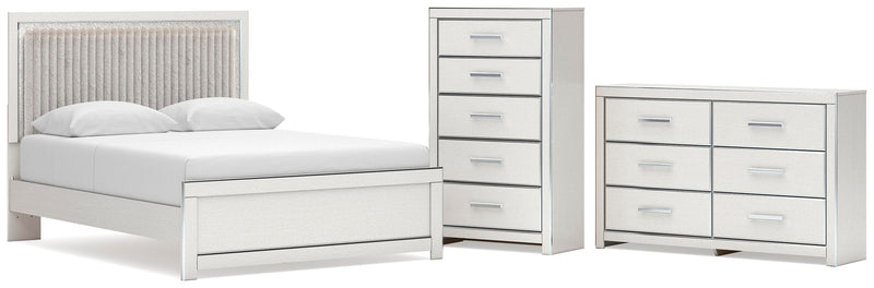 Zuraleus Queen Upholstered Panel Platform Bed, Dresser and Chest in White - PKG022792