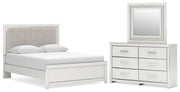 Zuraleus Queen Upholstered Panel Platform Bed, Dresser and Mirror in White - PKG022791