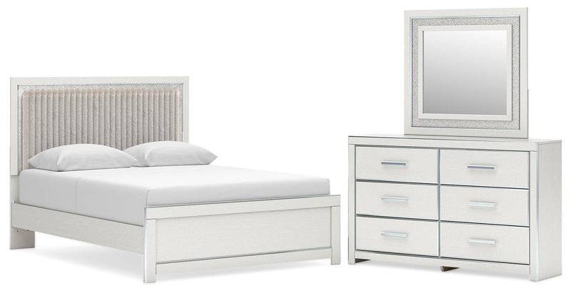 Zuraleus Queen Upholstered Panel Platform Bed, Dresser and Mirror in White - PKG022791