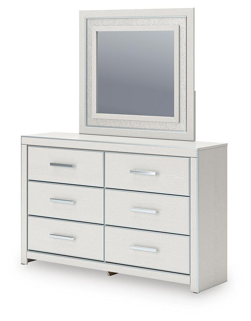 Zuraleus Queen Upholstered Panel Platform Bed, Dresser and Mirror in White - PKG022791