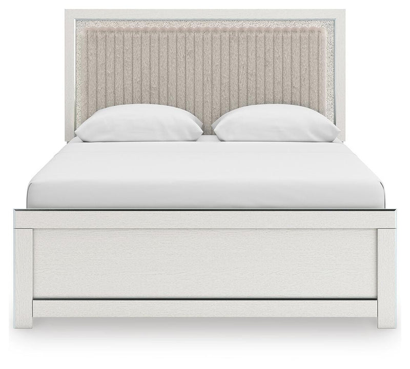 Zuraleus Queen Upholstered Panel Platform Bed, Dresser and Mirror in White - PKG022791