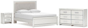 Zuraleus Queen Upholstered Panel Platform Bed, Dresser and Nightstand in White - PKG022798