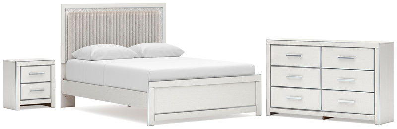 Zuraleus Queen Upholstered Panel Platform Bed, Dresser and Nightstand in White - PKG022798