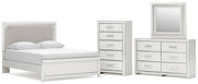 Zuraleus Queen Upholstered Panel Platform Bed, Dresser, Mirror and Chest in White - PKG022795