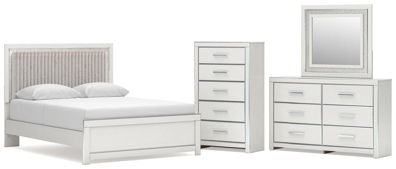 Zuraleus Queen Upholstered Panel Platform Bed, Dresser, Mirror and Chest in White - PKG022795