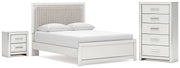 Zuraleus Queen Upholstered Panel Platform Bed, Dresser, Mirror and Nightstand in White - PKG022793