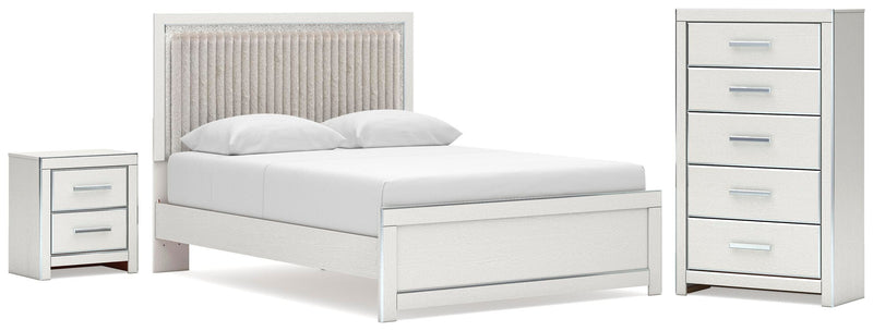 Zuraleus Queen Upholstered Panel Platform Bed, Dresser, Mirror and Nightstand in White - PKG022793