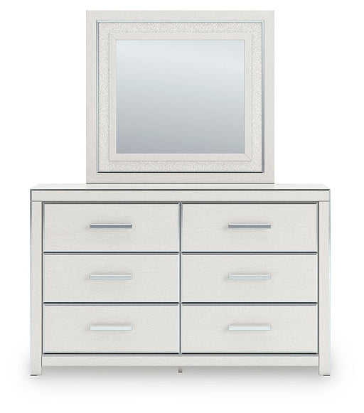 Zuraleus Queen Upholstered Panel Platform Bed, Dresser, Mirror and Nightstand in White - PKG022794
