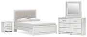 Zuraleus Queen Upholstered Panel Platform Bed, Dresser, Mirror and Nightstand in White - PKG022794