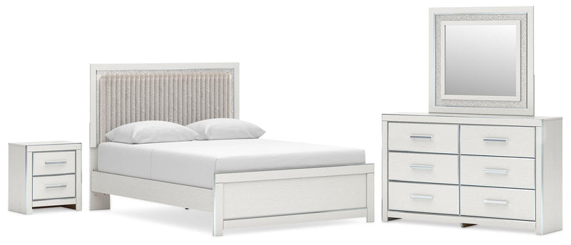 Zuraleus Queen Upholstered Panel Platform Bed, Dresser, Mirror and Nightstand in White - PKG022794