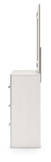 Zuraleus Queen Upholstered Panel Platform Bed, Dresser, Mirror and Nightstand in White - PKG022794