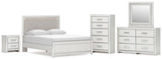 Zuraleus Queen Upholstered Panel Platform Bed, Dresser, Mirror, Chest and Nightstand in White - PKG022796
