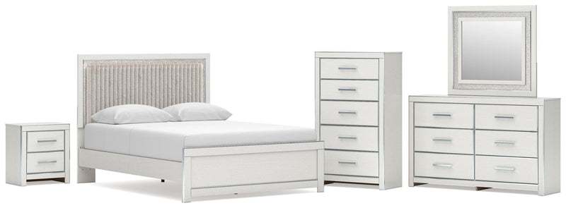 Zuraleus Queen Upholstered Panel Platform Bed, Dresser, Mirror, Chest and Nightstand in White - PKG022796