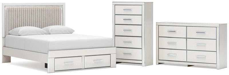Zuraleus Queen Upholstered Panel Platform Storage Bed, Dresser and Chest in White - PKG022800