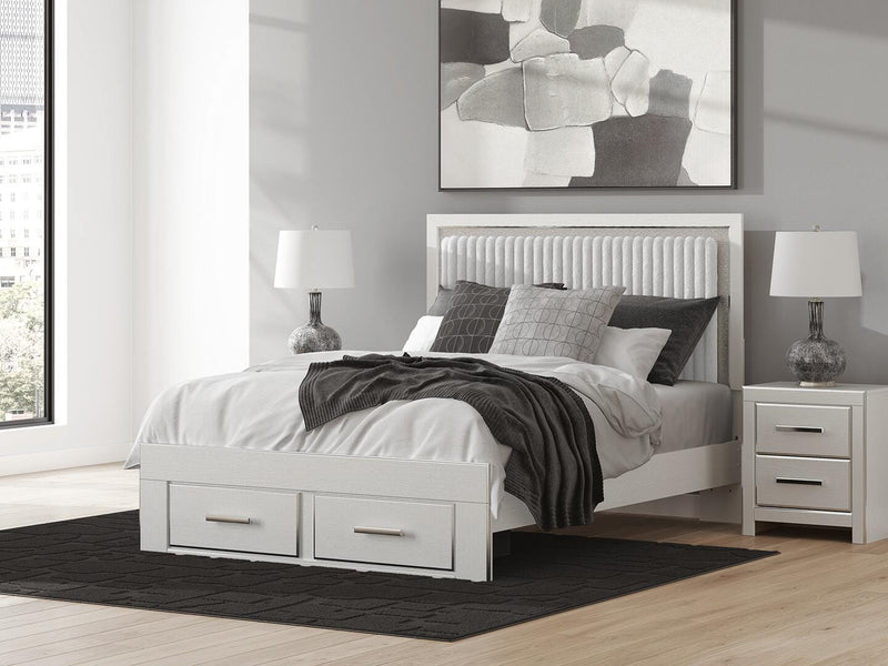 Zuraleus Queen Upholstered Panel Platform Storage Bed, Dresser and Mirror in White - PKG022799