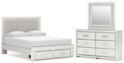Zuraleus Queen Upholstered Panel Platform Storage Bed, Dresser and Mirror in White - PKG022799