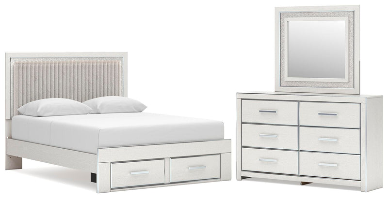 Zuraleus Queen Upholstered Panel Platform Storage Bed, Dresser and Mirror in White - PKG022799