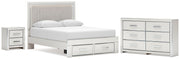 Zuraleus Queen Upholstered Panel Platform Storage Bed, Dresser and Nightstand in White - PKG022806
