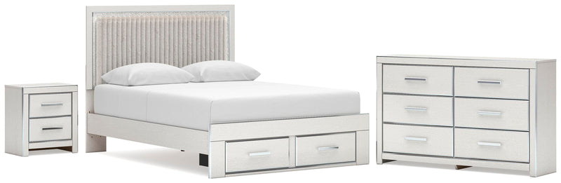 Zuraleus Queen Upholstered Panel Platform Storage Bed, Dresser and Nightstand in White - PKG022806