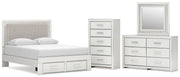 Zuraleus Queen Upholstered Panel Platform Storage Bed, Dresser, Mirror and Chest in White - PKG022803