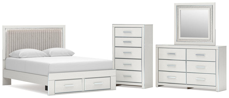 Zuraleus Queen Upholstered Panel Platform Storage Bed, Dresser, Mirror and Chest in White - PKG022803