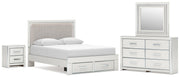 Zuraleus Queen Upholstered Panel Platform Storage Bed, Dresser, Mirror and Nightstand in White - PKG022802