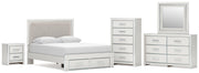 Zuraleus Queen Upholstered Panel Platform Storage Bed, Dresser, Mirror, Chest and Nightstand in White - PKG022804