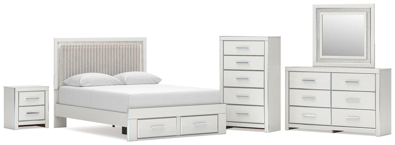 Zuraleus Queen Upholstered Panel Platform Storage Bed, Dresser, Mirror, Chest and Nightstand in White - PKG022804