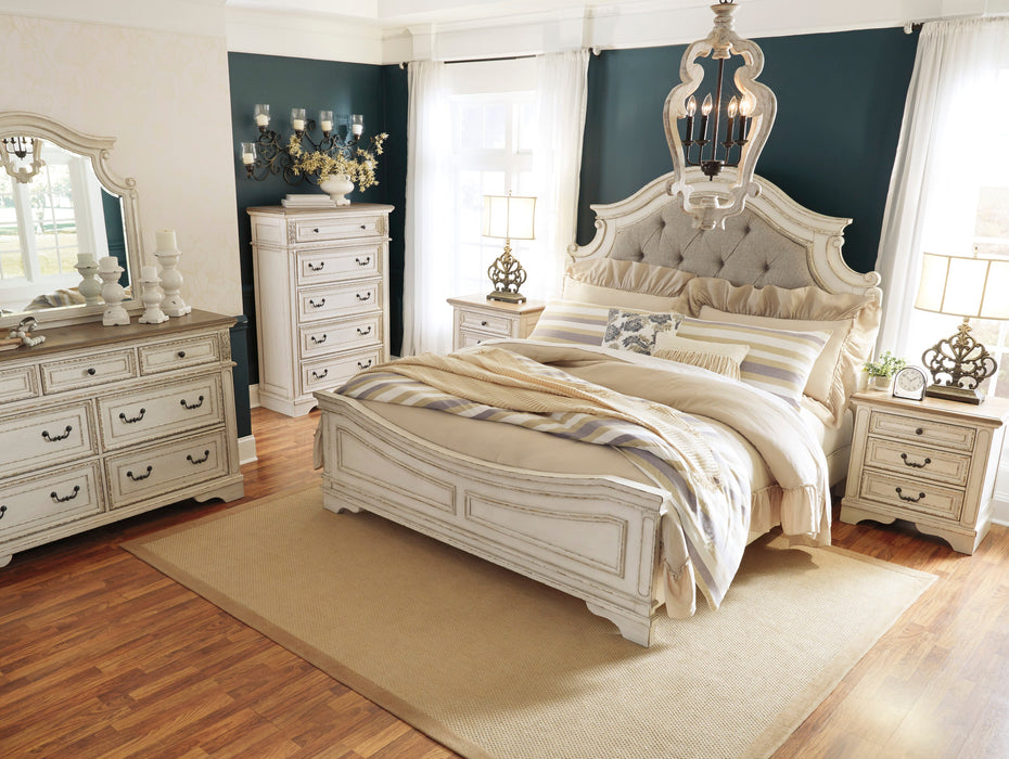 Realyn Chipped White Upholstered Panel Bedroom Set