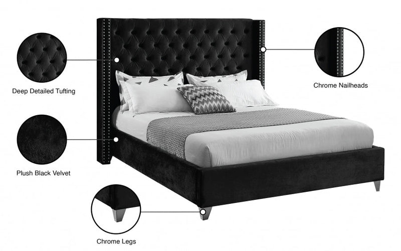 Aiden Velvet Queen Bed Black - Gate FurnitureQueen Bed