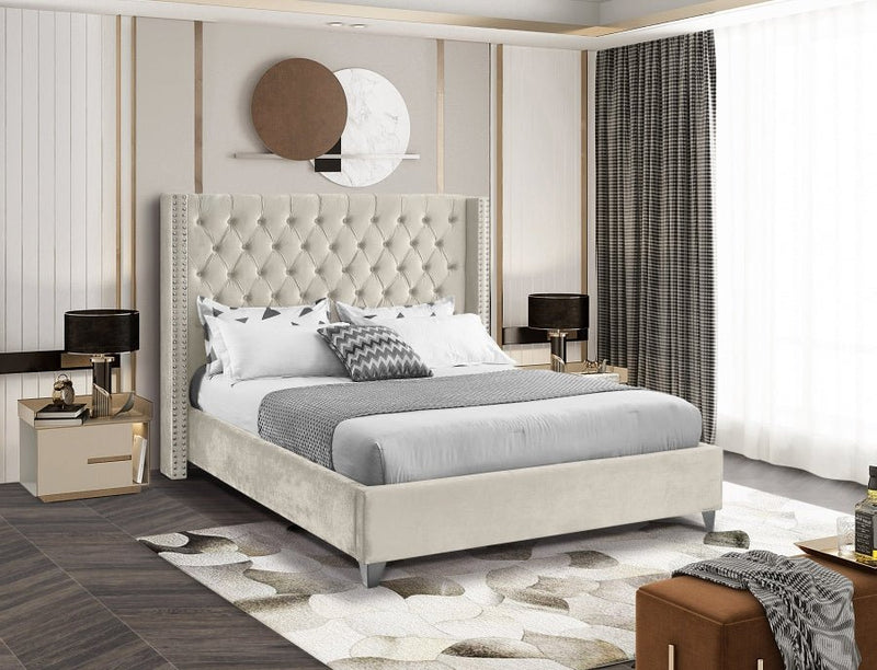 Aiden Velvet Queen Bed Cream - Gate FurnitureQueen Bed