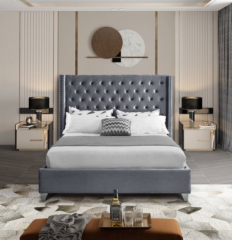 Aiden Velvet Queen Bed Grey - Gate FurnitureQueen Bed