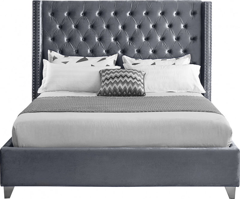 Aiden Velvet Queen Bed Grey - Gate FurnitureQueen Bed