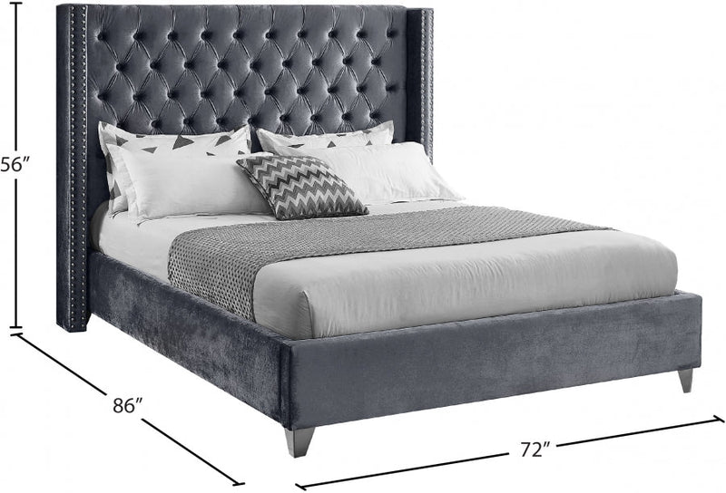 Aiden Velvet Queen Bed Grey - Gate FurnitureQueen Bed