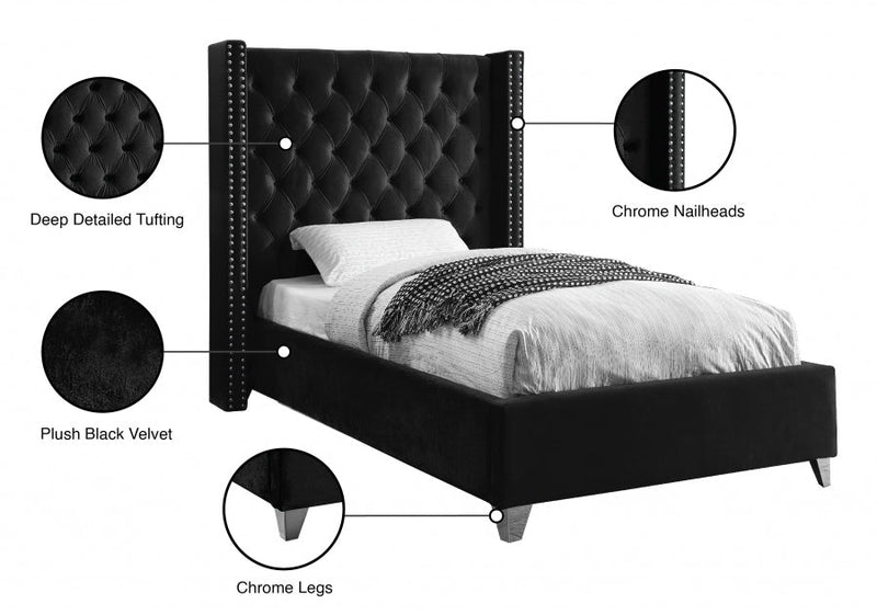 Aiden Velvet Twin Bed Black - Gate FurnitureTwin Bed