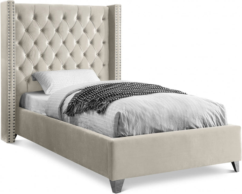 Aiden Velvet Twin Bed Cream - Gate FurnitureTwin Bed