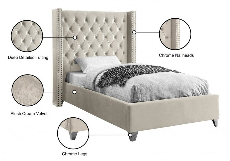 Aiden Velvet Twin Bed Cream - Gate FurnitureTwin Bed