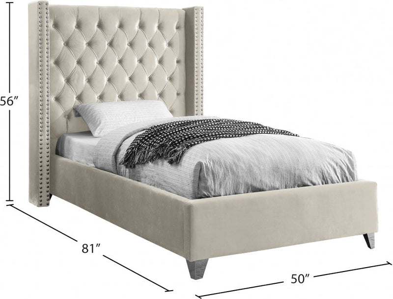 Aiden Velvet Twin Bed Cream - Gate FurnitureTwin Bed