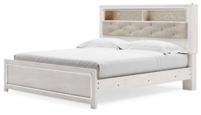 Altyra White Upholstered Bookcase LED Queen Panel Bed - Gate FurnitureQueen Bed