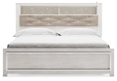 Altyra White Upholstered Bookcase LED Queen Panel Bed - Gate FurnitureQueen Bed