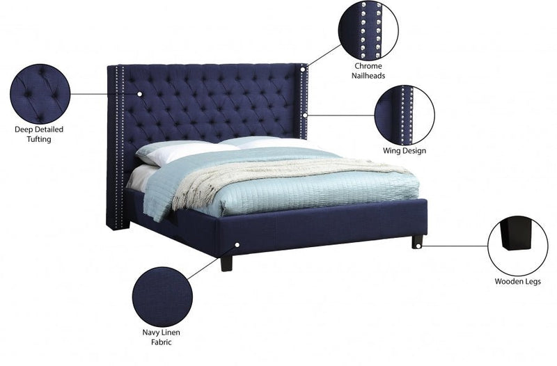 Ashton Linen Textured Queen Bed Blue - Gate FurnitureQueen Bed