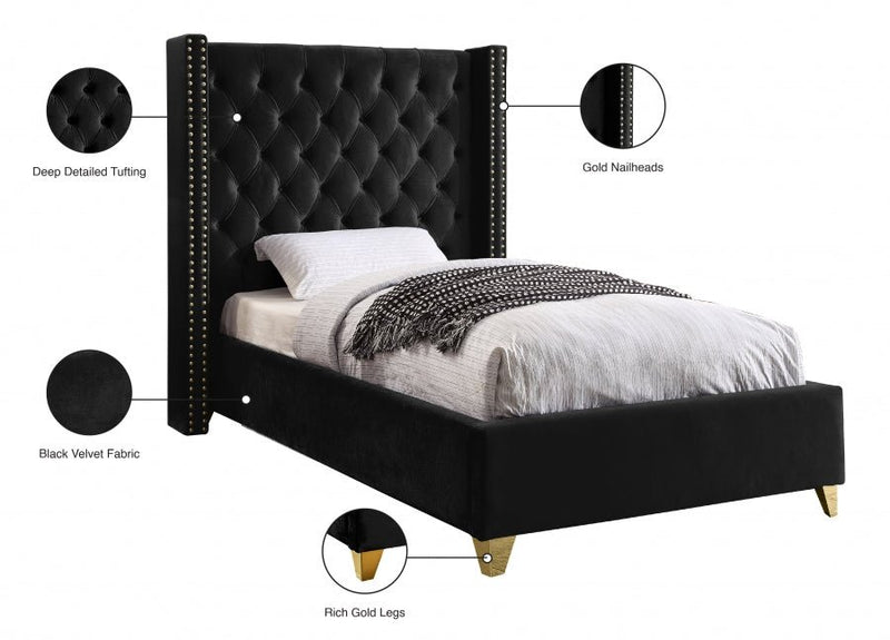 Barolo Velvet Twin Bed Black - Gate FurnitureTwin Bed