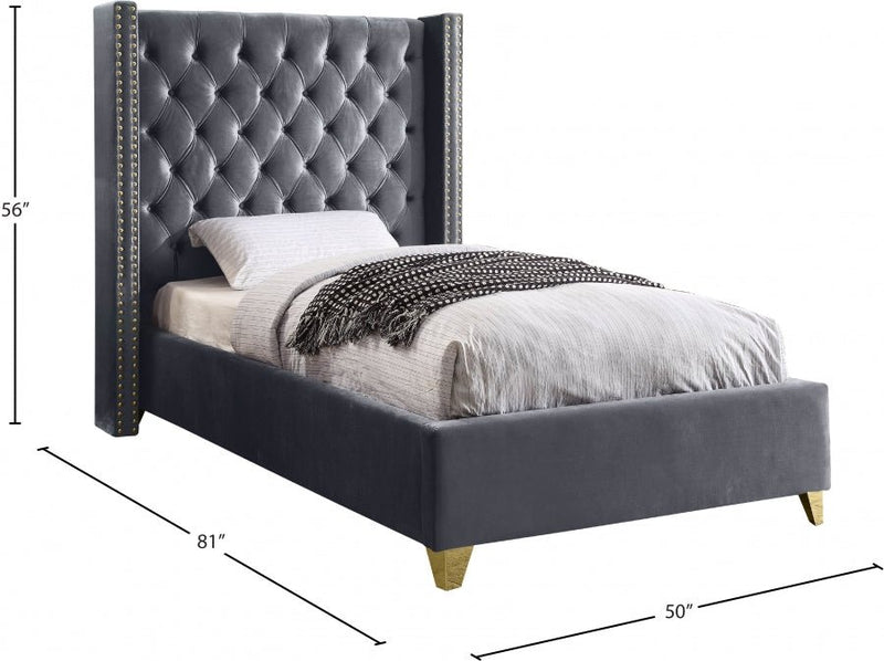 Barolo Velvet Twin Bed Grey - Gate FurnitureTwin Bed